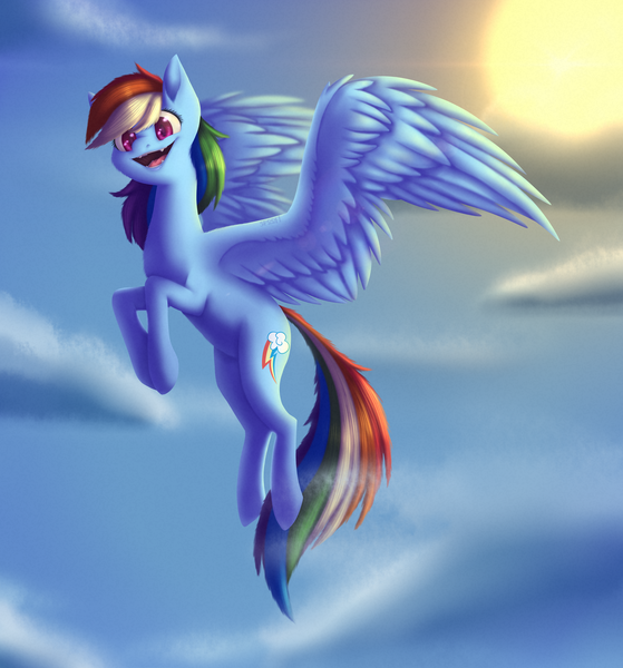 Size: 3494x3750 | Tagged: safe, artist:spirit-1, derpibooru import, rainbow dash, pony, flying, sky, solo, sun