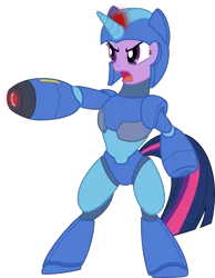 Size: 4660x6000 | Tagged: absurd resolution, angry, armor, artist:pink1ejack, bipedal, capcom, clothes, costume, crossover, derpibooru import, helmet, megaman, megaman (character), megaman x, megamare, open mouth, safe, simple background, transparent background, twilight sparkle, vector