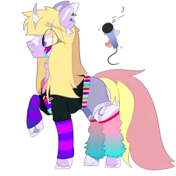 Size: 2500x2500 | Tagged: safe, artist:bublebee123, derpibooru import, oc, oc:stardust serenade, unofficial characters only, pony, unicorn, icey-verse, belt, clothes, curved horn, ear piercing, earring, female, hoodie, horn, jewelry, leg warmers, magical lesbian spawn, makeup, mare, markings, multicolored hair, offspring, parent:fuchsia blush, parent:lavender lace, parents:fuchsiavender, piercing, raised hoof, shirt, shorts, simple background, solo, transparent background