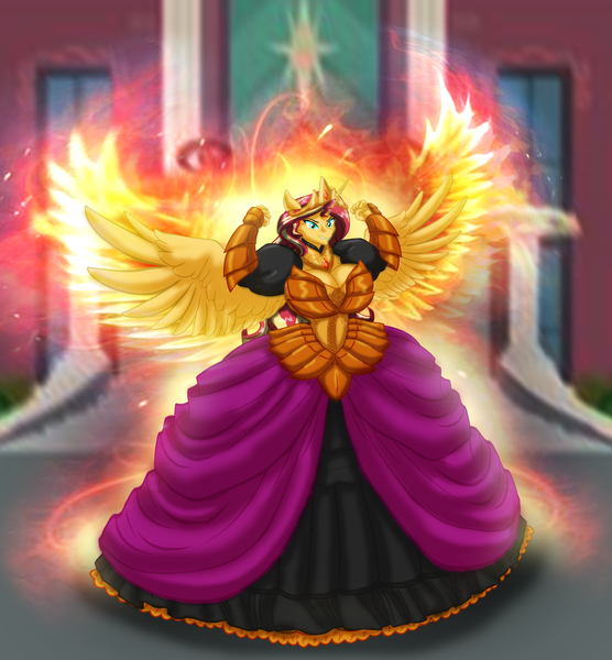 Size: 4252x4592 | Tagged: safe, artist:ponymaan, derpibooru import, sunset shimmer, alicorn, anthro, equestria girls, alicornified, armor, big breasts, bodice, breasts, burning, busty sunset shimmer, canterlot high, clothes, commission, crown, dress, fiery shimmer, fiery wings, fire, flexing, gown, horn, huge breasts, implied transformation, impossibly large dress, jewelry, poofy shoulders, race swap, regalia, shimmercorn, stairs, wings