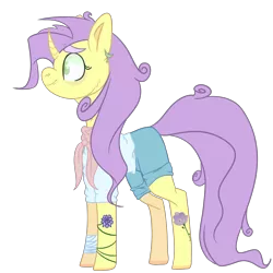Size: 2500x2500 | Tagged: safe, artist:bublebee123, derpibooru import, sunshine petals, pony, unicorn, icey-verse, alternate hairstyle, bandage, clothes, commission, curved horn, ear piercing, earring, female, horn, jewelry, mare, piercing, redesign, scarf, shirt, shorts, simple background, snake bites, solo, t-shirt, tattoo, transparent background
