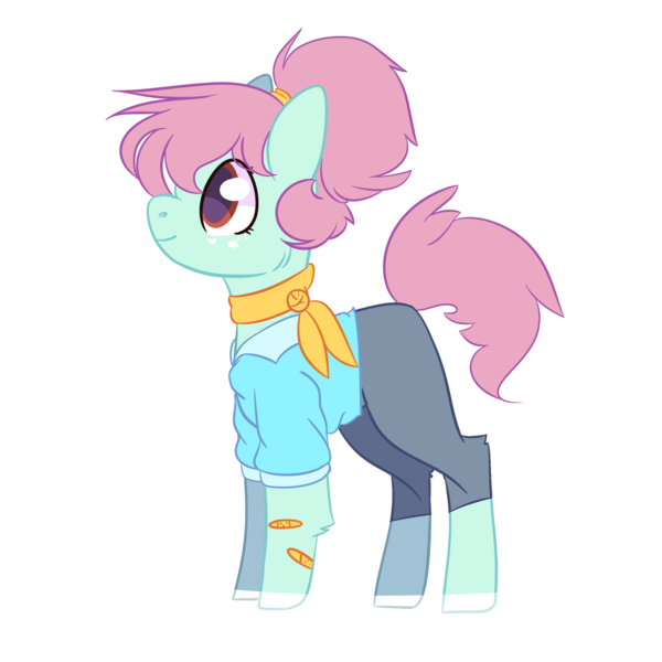 Size: 2500x2500 | Tagged: safe, artist:bublebee123, derpibooru import, oc, oc:tulip seed, unofficial characters only, earth pony, pony, icey-verse, alternate hairstyle, bandaid, clothes, commission, female, freckles, jeans, magical lesbian spawn, mare, markings, offspring, older, pants, parent:bluebonnet, parent:sunshine petals, parents:sunbonnet, redesign, scarf, shirt, simple background, solo, transparent background