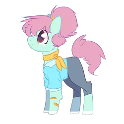Size: 2500x2500 | Tagged: safe, artist:bublebee123, derpibooru import, oc, oc:tulip seed, unofficial characters only, earth pony, pony, icey-verse, alternate hairstyle, bandaid, clothes, commission, female, freckles, jeans, magical lesbian spawn, mare, markings, offspring, older, pants, parent:bluebonnet, parent:sunshine petals, parents:sunbonnet, redesign, scarf, shirt, simple background, solo, transparent background