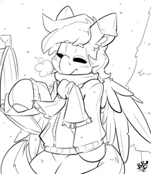 Size: 1743x2000 | Tagged: safe, artist:bbsartboutique, derpibooru import, oc, oc:crisom chin, pegasus, pony, black and white, clothes, earmuffs, gloves, grayscale, mail, mailbox, monochrome, patreon, patreon reward, scarf, sketch, snow, solo, sweater, tree, wings