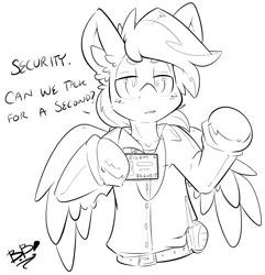 Size: 1778x1847 | Tagged: safe, artist:bbsartboutique, derpibooru import, oc, oc:crisom chin, pegasus, pony, semi-anthro, badge, belt, black and white, clothes, grayscale, male, monochrome, patreon, patreon reward, radio, security guard, shirt, sketch, solo, stallion, uniform, wings