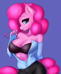 Size: 2952x3604 | Tagged: suggestive, artist:yutakira92, derpibooru import, pinkie pie, anthro, earth pony, bedroom eyes, big breasts, black bra, black underwear, bra, breasts, busty pinkie pie, cleavage, clothes, female, image, looking at you, mare, open clothes, open shirt, png, seductive pose, sexy, simple background, smiling, smiling at you, solo, stupid sexy pinkie, teasing, underwear