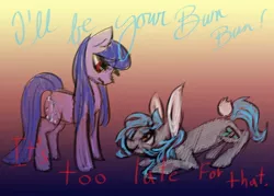 Size: 1280x915 | Tagged: safe, artist:sadlisn, derpibooru import, oc, oc:cosmia nebula, oc:sweet elis, unofficial characters only, earth pony, pony, bunny ears, bunny tail, image, jpeg, shipping denied