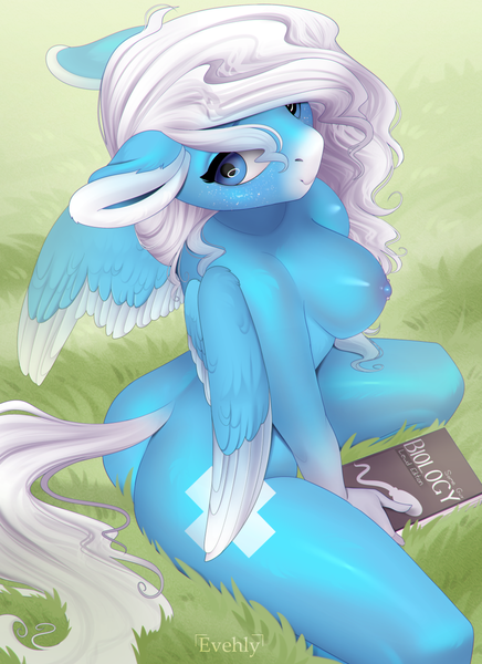 Size: 900x1238 | Tagged: questionable, alternate version, artist:evehly, derpibooru import, oc, oc:icy heart, unofficial characters only, anthro, pegasus, adorasexy, anthro oc, ass, biology, blaze (coat marking), blue eyes, book, breasts, butt, casual nudity, colored wings, commission, cute, ear fluff, eyelashes, female, freckles, gradient wings, grass, kneeling, looking at you, looking up, mare, nipple piercing, nipples, nudity, ocbetes, piercing, sexy, sitting, smiling, socks (coat marking), solo, solo female, spermatozoon, textbook, the ass was fat, thighs, wavy mane, white hair, wings, ych result