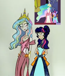 Size: 2607x3011 | Tagged: alicorn, artist:citi, clothes, derpibooru import, dress, gala dress, human, humanized, make new friends but keep discord, princess celestia, safe, scene interpretation, screencap, screencap reference, traditional art, twilight sparkle, twilight sparkle (alicorn)