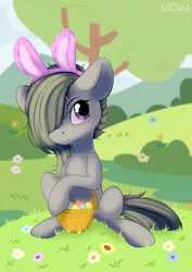 Size: 3000x4230 | Tagged: safe, artist:lilclim, derpibooru import, marble pie, earth pony, pony, basket, bunny ears, cute, easter, easter basket, female, flower, grass, hair over one eye, high res, holiday, marblebetes, mare, sitting, solo