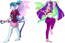 Size: 1292x857 | Tagged: safe, artist:limedazzle, derpibooru import, edit, editor:thomasfan45, aria blaze, sonata dusk, human, equestria girls, alecto, ariabetes, bare shoulders, barefoot, clothes, crossover, cute, disguise, disguised siren, duo, facial tattoo, feet, fin wings, furies, gem, hades (game), legs, megaera, simple background, siren gem, skirt, sleeveless, smiling, sonatabetes, strapless, vector, whip, white background, wings