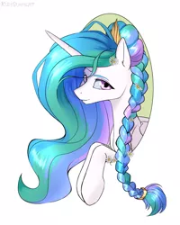 Size: 2000x2500 | Tagged: safe, artist:kirasunnight, derpibooru import, princess celestia, alicorn, pony, alternate hairstyle, braid, braided ponytail, bust, crown, cute, cutelestia, female, flower, flower in hair, grin, hair bun, high res, jewelry, lidded eyes, looking at you, mare, multicolored mane, portrait, regalia, signature, simple background, smiling, solo, white background