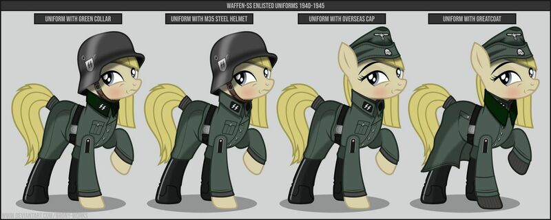 Size: 1280x512 | Tagged: safe, artist:brony-works, derpibooru import, oc, unofficial characters only, earth pony, pony, boots, clothes, earth pony oc, eyelashes, female, hat, helmet, mare, nazi, nazi germany, nazipone, raised hoof, reference sheet, schutzstaffel, shoes, smiling, solo, uniform, waffen-ss, world war ii