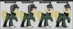 Size: 1280x512 | Tagged: safe, artist:brony-works, derpibooru import, oc, unofficial characters only, earth pony, pony, boots, clothes, earth pony oc, eyelashes, female, hat, helmet, mare, nazi, nazi germany, nazipone, raised hoof, reference sheet, schutzstaffel, shoes, smiling, solo, uniform, waffen-ss, world war ii
