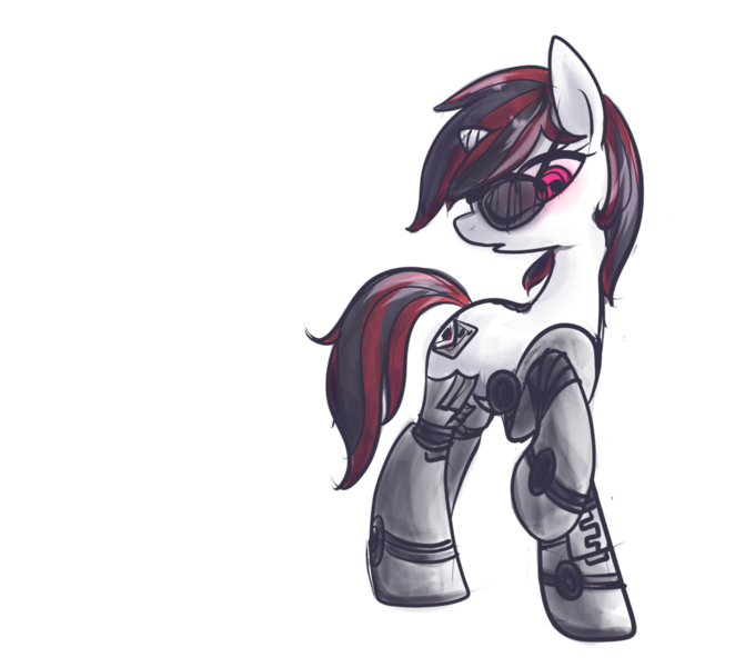 Size: 1024x928 | Tagged: safe, artist:inlucidreverie, derpibooru import, oc, oc:blackjack, unofficial characters only, cyborg, pony, unicorn, fallout equestria, fallout equestria: project horizons, amputee, deal with it, fanfic art, female, horn, level 2 (project horizons), mare, prosthetic limb, prosthetics, simple background, small horn, solo, sunglasses, transparent background