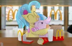 Size: 2650x1702 | Tagged: artist:rainbow eevee, classical hippogriff, cousins, cup, cute, derpibooru import, diastreamies, drink, duo, eyes closed, fast food, female, food, happy, hippogriff, hug, irl, mcdonald's, my little pony: the movie, paper bag, photo, princess skystar, restaurant, safe, silverstream, skyabetes, smiling, table
