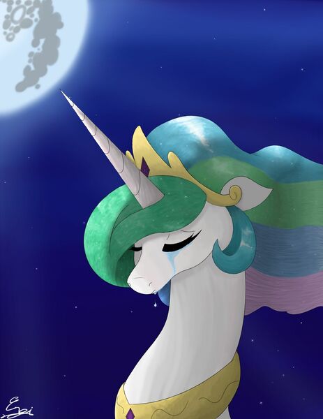 Size: 1280x1657 | Tagged: artist:normgear2, bust, crying, derpibooru import, lullaby for a princess, mare in the moon, moon, princess celestia, sad, safe