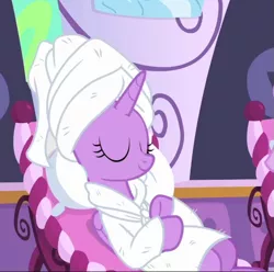 Size: 651x645 | Tagged: alicorn, bathrobe, clothes, cropped, derpibooru import, eyes closed, ponyville spa, rarity's biggest fan, reclining, robe, safe, screencap, smiling, solo, spoiler:interseason shorts, towel, towel on head, twilight sparkle, twilight sparkle (alicorn)