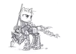Size: 2577x1846 | Tagged: safe, artist:wisdom-thumbs, derpibooru import, oc, oc:tilter gallant, unofficial characters only, pony, unicorn, armor, braided tail, female, grayscale, helmet, knight, mare, monochrome, pencil drawing, plate armor, spear, spurs, traditional art, weapon