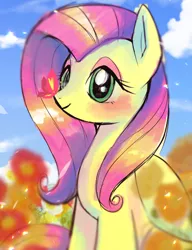 Size: 623x810 | Tagged: safe, artist:hosikawa, derpibooru import, fluttershy, butterfly, pegasus, pony, butterfly on nose, cloud, cute, female, flower, folded wings, insect on nose, looking at something, mare, outdoors, shyabetes, sitting, sky, solo, three quarter view, wings