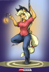 Size: 818x1200 | Tagged: safe, artist:kaemantis, deleted from derpibooru, derpibooru import, applejack, anthro, earth pony, pony, unguligrade anthro, black lipstick, boots, breasts, busty applejack, clothes, commission, cowboy hat, cowgirl, female, fire, fireproof boots, fireproof hat, freckles, gasoline, hat, image, jpeg, lipstick, looking at you, matches, pole dancing, raised leg, shoes, signature, solo, stetson, stripper pole, stupid sexy applejack, this will end in fire