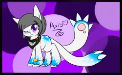 Size: 1383x844 | Tagged: abstract background, artist:14th-crown, augmented tail, clothes, derpibooru import, female, neckerchief, oc, oc:axis, one eye closed, original species, safe, solo, unofficial characters only, unshorn fetlocks, wink