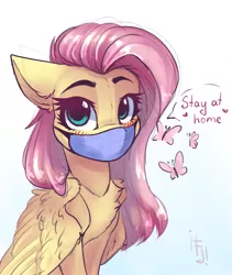 Size: 1600x1900 | Tagged: safe, artist:falafeljake, derpibooru import, fluttershy, pegasus, pony, blushing, chest fluff, coronavirus, covid-19, cute, dialogue, face mask, female, looking at you, mare, mouthpiece, pandemic, ppe, shyabetes, simple background, solo, stay at home, surgical mask, white background