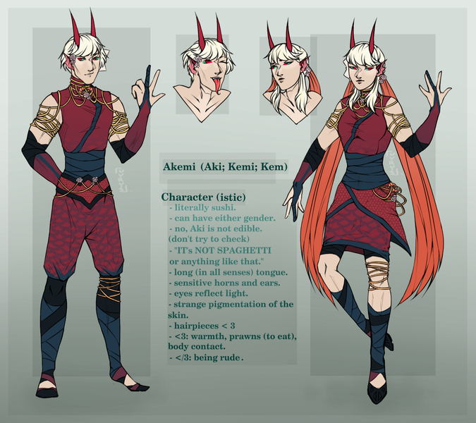 Size: 1462x1300 | Tagged: safe, artist:woofri, derpibooru import, oc, oc:akemi (ide1517), unofficial characters only, human, clothes, dress, eared humanization, evening gloves, fingerless elbow gloves, fingerless gloves, flats, gloves, horn, horned humanization, humanized, humanized oc, jewelry, leg wraps, long gloves, nonbinary, one eye closed, pants, reference sheet, regalia, shirt, shoes, skirt, solo, tongue out, translation, wink