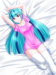 Size: 3355x4500 | Tagged: safe, artist:danmakuman, derpibooru import, sonata dusk, human, equestria girls, adorasexy, anime, bed, clothes, cute, danmakuman is trying to murder us, female, human coloration, humanized, long hair, looking at you, loose hair, on back, sexy, smiling, socks, solo, sonatabetes, stockings, thigh highs, zettai ryouiki