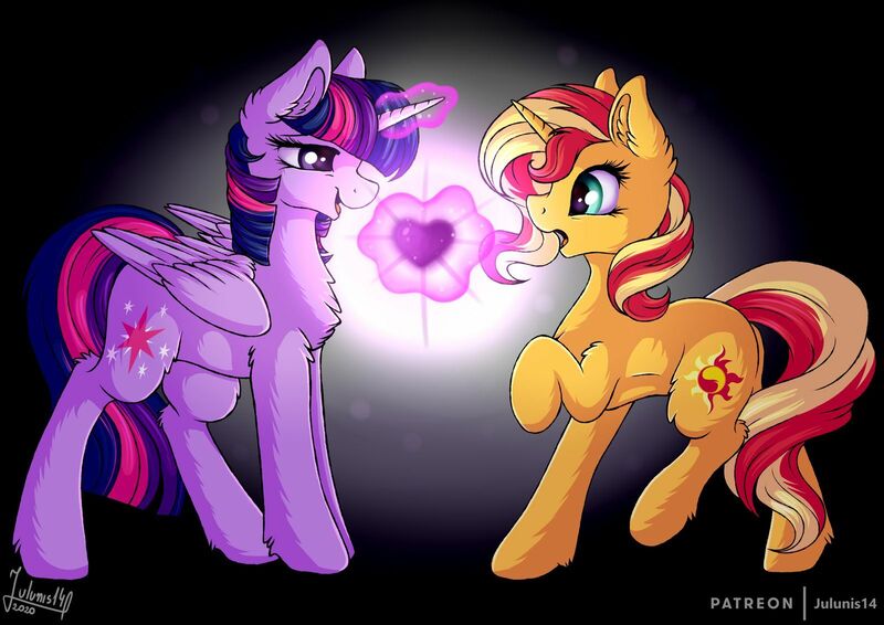 Size: 1600x1132 | Tagged: dead source, safe, artist:julunis14, derpibooru import, sunset shimmer, twilight sparkle, twilight sparkle (alicorn), alicorn, pony, unicorn, duo, female, heart, mare, not shipping, undertale