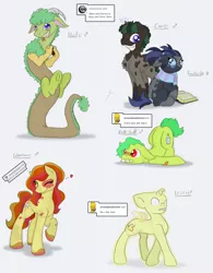 Size: 1166x1496 | Tagged: safe, artist:ravenpuff, deleted from derpibooru, derpibooru import, oc, oc:curie, oc:floofy (ravenpuff), oc:frostbite, oc:glamour, unofficial characters only, alicorn, draconequus, earth pony, pony, unicorn, alicorn oc, bandaid, book, bucktooth, clothes, colored hooves, colt, draconequus oc, earth pony oc, face down ass up, female, filly, floppy horn, frog (hoof), glasses, grin, heart, horn, interspecies offspring, male, offspring, one eye closed, parent:discord, parent:oc:atjour service, parent:oc:black egg, parent:oc:brewing bottles, parent:oc:golden dancer, parent:oc:reversalmushroom, parent:oc:sir reginald butterscop pendragon iv jr., parent:oc:star shot, parent:oc:white snow, parents:canon x oc, parents:oc x oc, scarf, siblings, smiling, tongue out, underhoof, unicorn oc, wings, wink