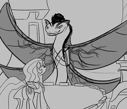 Size: 700x600 | Tagged: safe, artist:sirvalter, derpibooru import, princess celestia, oc, oc:lamia (soulscar), alicorn, pony, snake, fanfic, fanfic:steyblridge chronicle, black and white, canterlot, canterlot castle, duo, fanfic art, female, grayscale, horn, illustration, mare, monochrome, wings