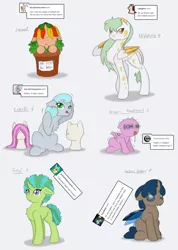 Size: 1138x1602 | Tagged: safe, artist:ravenpuff, deleted from derpibooru, derpibooru import, oc, oc:highlight, unofficial characters only, alicorn, changeling, changepony, hybrid, original species, pegasus, plant pony, pony, unicorn, baby, baby pony, bags under eyes, bald, blue changeling, changeling oc, chest fluff, fangs, female, horn, interspecies offspring, mannequin, mare, offspring, parent:oc:alicia phoenix, parent:oc:atjour service, parent:oc:bright light, parent:oc:dream breaker, parent:oc:golden dancer, parent:oc:kryostasis, parent:oc:sir reginald butterscop pendragon iv jr., parent:oc:terror, parent:silver spoon, parent:twilight sparkle, parents:canon x oc, parents:oc x oc, pegasus oc, plant, plant pot, tired, tongue out, two toned wings, unicorn oc, wig, wings