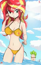 Size: 1821x2923 | Tagged: artist:ryured, beach, blood, breasts, busty sunset shimmer, cleavage, clothes, cutie mark, cutie mark on clothes, derpibooru import, female, human, humanized, male, nosebleed, orange swimsuit, part of a series, part of a set, shorts, side-tie bikini, spike, suggestive, sunset shimmer, swimsuit, untied bikini