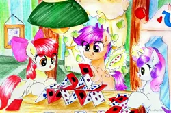 Size: 3487x2302 | Tagged: safe, artist:liaaqila, derpibooru import, apple bloom, scootaloo, sweetie belle, earth pony, pegasus, pony, unicorn, :p, apple bloom's bow, blank flank, bow, card, commission, curtains, cutie mark crusaders, female, filly, glowing horn, hair bow, horn, house of cards, levitation, light, lightbulb, magic, table, telekinesis, tongue out, traditional art, wardrobe