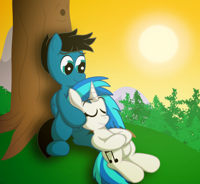 Size: 3600x3300 | Tagged: safe, artist:agkandphotomaker2000, derpibooru import, vinyl scratch, oc, oc:pony video maker, pegasus, pony, unicorn, canon x oc, evening, female, forest, head on belly, hill, holding head, male, mountain, resting, shipping, sleeping, straight, sunset, tree, videoscratch