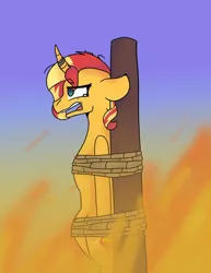 Size: 786x1017 | Tagged: semi-grimdark, artist:firefox238, derpibooru import, sunset shimmer, pony, unicorn, abuse, bondage, burn, burning, burning at the stake, crying, female, fire, horn, horn ring, imminent death, magic suppression, mare, open mouth, ring, rope, rope bondage, shimmerbuse, solo, stake, tears of pain