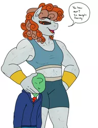 Size: 3000x3900 | Tagged: alternative colors, anthro, armband, artist:pony quarantine, clothes, compression shorts, derpibooru import, dialogue, hoodie, human, marble, necktie, oc, oc:anon, oc:greekpone, open mouth, safe, simple background, spandex, speech bubble, sports bra, statue, white background