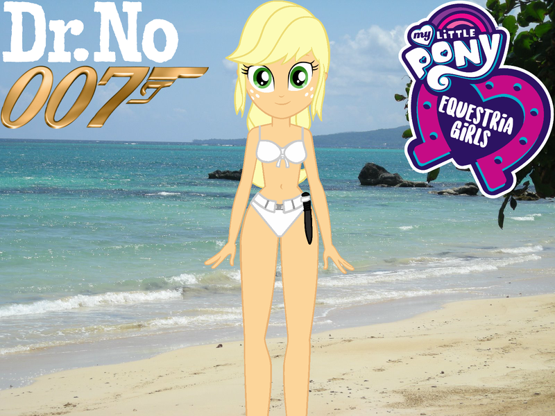 Size: 1600x1200 | Tagged: suggestive, artist:invisibleink, artist:marcusvanngriffin, deleted from derpibooru, derpibooru import, edit, applejack, equestria girls, beach, belly button, belt, bikini, blonde, bond girl, breasts, clothes, crossover, dr. no, equestria girls logo, female, freckles, hatless, honey ryder, james bond, knife, logo, logo edit, looking at you, missing accessory, ocean, parody, sexy, solo, swimsuit, weapon