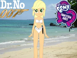 Size: 1600x1200 | Tagged: suggestive, artist:invisibleink, artist:marcusvanngriffin, deleted from derpibooru, derpibooru import, edit, applejack, equestria girls, beach, belly button, belt, bikini, blonde, bond girl, breasts, clothes, crossover, dr. no, equestria girls logo, female, freckles, hatless, honey ryder, james bond, knife, logo, logo edit, looking at you, missing accessory, ocean, parody, sexy, solo, swimsuit, weapon