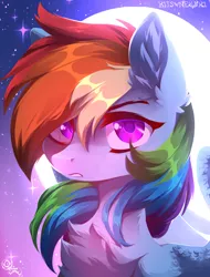 Size: 1100x1450 | Tagged: safe, artist:hakkerman, derpibooru import, rainbow dash, pegasus, pony, bust, chest fluff, colored pupils, ear fluff, female, mare, moon, night, portrait, sky, solo, starry night, stars