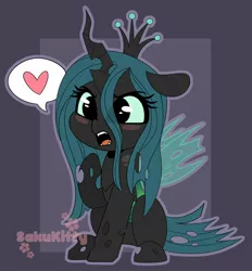 Size: 1900x2048 | Tagged: angry, artist:sakukitty, blushing, changeling, changeling queen, chibi, crown, cute, cutealis, cute little fangs, derpibooru import, fangs, female, floppy ears, heart, jewelry, madorable, open mouth, pictogram, queen chrysalis, regalia, safe, sitting, solo, speech bubble