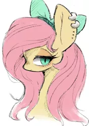 Size: 2039x2894 | Tagged: safe, artist:91o42, derpibooru import, fluttershy, pegasus, pony, bow, bust, cute, ear piercing, earring, female, hair bow, high res, jewelry, lidded eyes, mare, piercing, pixiv, portrait, profile, shyabetes, simple background, slit pupils, solo, white background