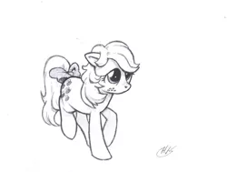 Size: 1961x1481 | Tagged: safe, artist:wisdom-thumbs, derpibooru import, applejack, applejack (g1), earth pony, pony, bow, female, freckles, g1, grayscale, mare, monochrome, pencil drawing, simple background, tail bow, traditional art, white background