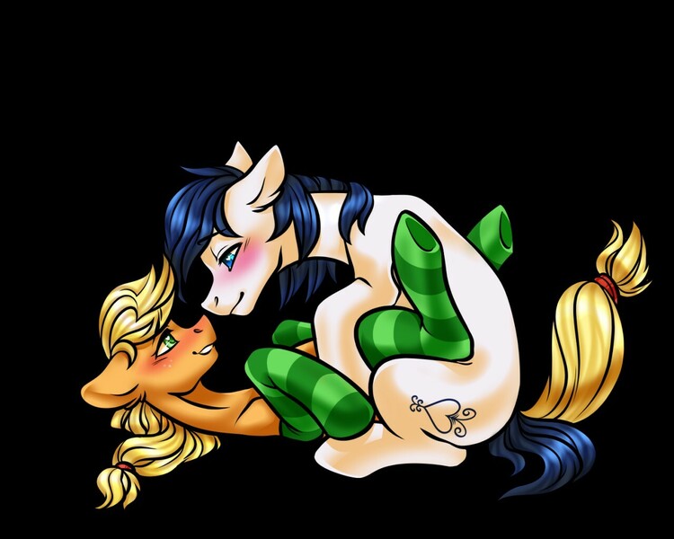 Size: 1280x1024 | Tagged: questionable, alternate version, artist:bigmoon206, derpibooru import, applejack, oc, oc:constance everheart, earth pony, pony, ambiguous penetration, black background, blushing, boop, canon x oc, clothes, commission, everjack, female, lidded eyes, looking at each other, lying down, male, mare, noseboop, shipping, signature, simple background, socks, stallion, straight, striped socks