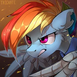 Size: 3000x3000 | Tagged: safe, artist:trickate, derpibooru import, rainbow dash, pegasus, pony, the cutie re-mark, alternate timeline, amputee, apocalypse dash, artificial wings, augmented, badass, bust, crystal war timeline, ear fluff, eye scar, fantasy class, female, high res, injured, mare, portrait, prosthetic limb, prosthetic wing, prosthetics, scar, solo, war, warrior, wings