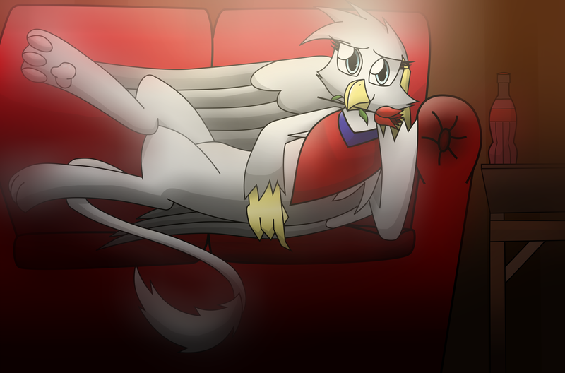 Size: 2650x1750 | Tagged: safe, artist:somber, derpibooru import, oc, oc:snow, unofficial characters only, gryphon, bandana, clothes, couch, cute, end table, female, flower, flower in mouth, griffon oc, looking at you, mouth hold, nuka cola, posing for photo, romantic, rose, rose in mouth, sexy, solo, sparkle cola