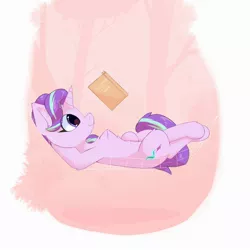 Size: 1500x1500 | Tagged: safe, artist:glazirka, derpibooru import, starlight glimmer, pony, unicorn, book, female, hammock, lying down, mare, reading, smiling, solo