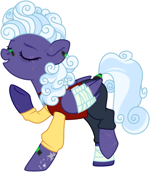 Size: 2274x2605 | Tagged: safe, artist:rerorir, derpibooru import, rolling thunder, pegasus, pony, icey-verse, alternate hairstyle, bandage, bandaid, clothes, commission, ear piercing, earring, eye scar, eyes closed, female, high res, jeans, jersey, jewelry, mare, older, pants, piercing, raised hoof, raised leg, redesign, scar, shirt, simple background, solo, t-shirt, tattoo, transparent background