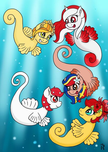 Size: 1920x2716 | Tagged: safe, artist:dawn-designs-art, derpibooru import, oc, oc:indonisty, oc:kwankao, oc:pearl shine, oc:rosa blossomheart, oc:temmy, ponified, pony, sea pony, project seaponycon, convention, g3 style, group, indonesia, malaysia, mascot, nation ponies, philippines, seaponified, shoo be doo, singapore, species swap, thailand, water